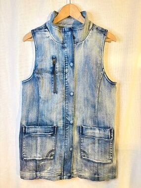 DKNY Jeans Y2K Acid Wash Denim Utility Vest/Gilet, Brass Zip Cargo L,